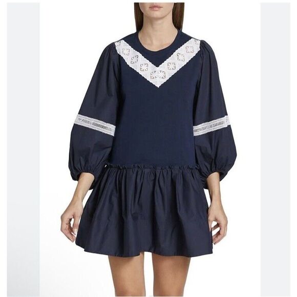 Tanya Taylor Sz M Dress Kirstie Navy Mini Lace Trim Poplin Puff Sleeve NWT $445 - Picture 7 of 9